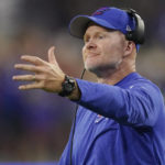
              Buffalo Bills head coach Sean McDermott gestures from the sideline during the second half of an NFL football game Thursday, Sept. 8, 2022, in Inglewood, Calif. (AP Photo/Mark J. Terrill)
            
