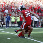 
              Texas Tech's Trey Wolff (36) kicks the game-winning field goal during overtime of an NCAA college football game against Texas, Saturday, Sept. 24, 2022, in Lubbock, Texas. (AP Photo/Brad Tollefson)
            