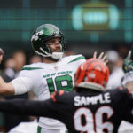 
              New York Jets quarterback Joe Flacco (19) is rushed by Cincinnati Bengals' Cam Sample (96) during the first half of an NFL football game Sunday, Sept. 25, 2022, in East Rutherford, N.J. (AP Photo/Seth Wenig)
            