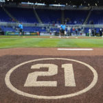 
              The No. 21 is on the pitching mound in honor of Roberto Clemente Day before a baseball game between the Miami Marlins and the Philadelphia Phillies, Thursday, Sept. 15, 2022, in Miami. (AP Photo/Lynne Sladky)
            