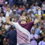
              Casper Ruud, of Norway, reacts after defeating Matteo Berrettini, of Italy, during the quarterfinals of the U.S. Open tennis championships, Tuesday, Sept. 6, 2022, in New York. (AP Photo/Seth Wenig)
            