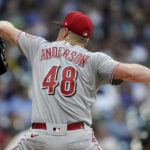 
              Cincinnati Reds' Chase Anderson pitches during the first inning of a baseball game against the Milwaukee Brewers Saturday, Sept. 10, 2022, in Milwaukee. (AP Photo/Aaron Gash)
            