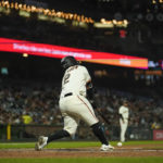 
              San Francisco Giants' Willie Calhoun (2) strikes out against the Atlanta Braves to end the fifth inning of a baseball game in San Francisco, Monday, Sept. 12, 2022. (AP Photo/Godofredo A. Vásquez)
            