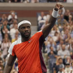 
              Frances Tiafoe, of the United States, reacts during a quarterfinal match against Andrey Rublev, of Russia, at the U.S. Open tennis championships, Wednesday, Sept. 7, 2022, in New York. (AP Photo/Mary Altaffer)
            