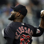 
              Cleveland Guardians relief pitcher Enyel De Los Santos throws during the sixth inning of a baseball game against the Kansas City Royals Wednesday, Sept. 7, 2022, in Kansas City, Mo. (AP Photo/Charlie Riedel)
            