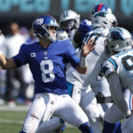 
              New York Giants quarterback Daniel Jones throws during the first half an NFL football game against the Carolina Panthers, Sunday, Sept. 18, 2022, in East Rutherford, N.J. (AP Photo/Noah K. Murray)
            