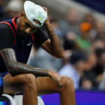 
              Nick Kyrgios, of Australia, takes a break as he play Karen Khachanov, of Russia, during the quarterfinals of the U.S. Open tennis championships, Tuesday, Sept. 6, 2022, in New York. (AP Photo/Frank Franklin II)
            
