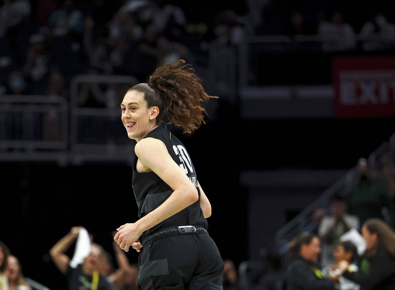 Seattle Storm forward Breanna Stewart (30) reacts after hitting a three-point basket during the fir...