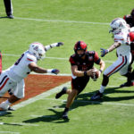 
              San Diego State's Braxton Burmeister (5) is tackled by Arizona's Tiaoalii Savea, left, as Russell Davis II, third from right, approaches in the third quarter of an NCAA college football game Saturday, Sept. 3, 2022, in San Diego. (K.C. Alfred/The San Diego Union-Tribune via AP)
            