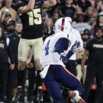 
              Purdue wide receiver Charlie Jones (15) catches a pass against Florida Atlantic during an NCAA college football game Saturday, Sept. 24, 2022, in West Lafayette, Ind. (Alex Martin/Journal & Courier via AP)
            
