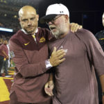 
              Minnesota coach P. J. Fleck, left, and New Mexico State coach Jerry Kill, right, congratulate each other after Minnesota defeated New Mexico State 38-0 during an NCAA college football game Thursday, Sept. 1, 2022, in Minneapolis. (AP Photo/Abbie Parr)
            