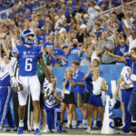 
              Kentucky wide receiver Dane Key (6) celebrates after scoring a touchdown during the second half of an NCAA college football game against Miami (Ohio) in Lexington, Ky., Saturday, Sept. 3, 2022. (AP Photo/Michael Clubb)
            