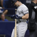 
              New York Yankees' Andrew Benintendi reacts while batting against the Tampa Bay Rays during the third inning of a baseball game Friday, Sept. 2, 2022, in St. Petersburg, Fla. (AP Photo/Scott Audette)
            