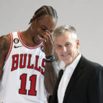 
              Chicago Bulls head coach Billy Donovan, right, poses for photographers as DeMar DeRozan laughs behind him during the Bulls NBA basketball media day Monday, Sept. 26, 2022, in Chicago. (AP Photo/Charles Rex Arbogast)
            