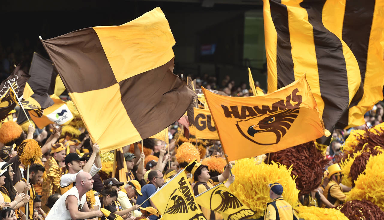 Hawthorn Hawks fans wave flags during the Australian Football League Grand Final between the Hawks ...