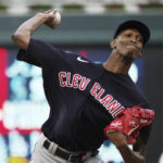 
              Cleveland Guardians pitcher Triston McKenzie throws to a Minnesota Twins batter during the first inning of a baseball game Saturday, Sept. 10, 2022, in Minneapolis. (AP Photo/Jim Mone)
            