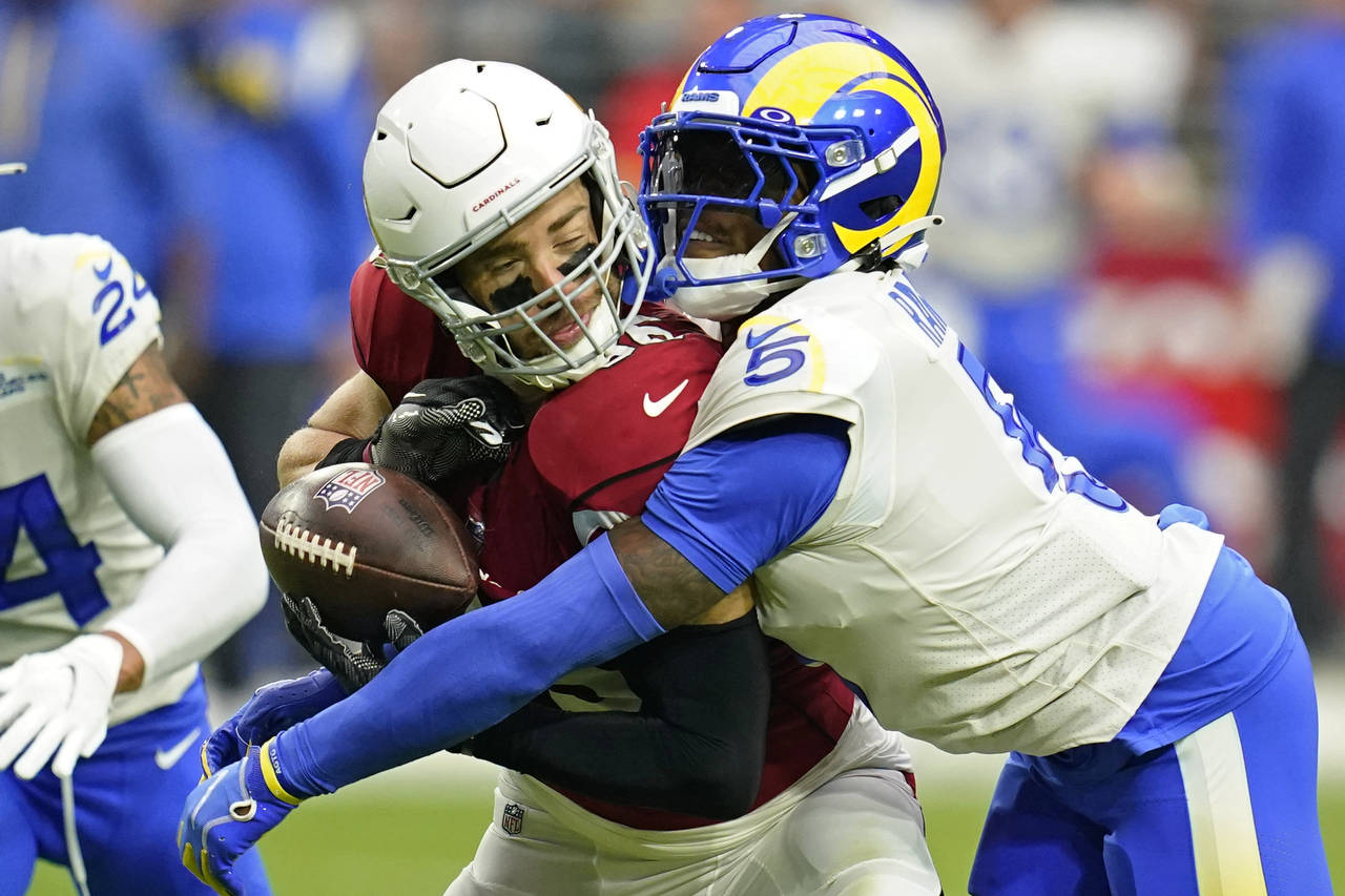 Los Angeles Rams cornerback Jalen Ramsey (5) breaks up a pass intended for Arizona Cardinals tight ...