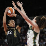 
              Las Vegas Aces forward A'ja Wilson (22) shoots over Seattle Storm forward Breanna Stewart (30) during the first half in Game 2 of a WNBA basketball semifinal playoff series Wednesday, Aug. 31, 2022, in Las Vegas. (AP Photo/John Locher)
            