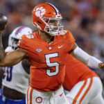 
              Clemson quarterback DJ Uiagalelei throws a pass during the first half of the team's NCAA college football game against Louisiana Tech on Saturday, Sept. 17, 2022, in Clemson, S.C. (AP Photo/Jacob Kupferman)
            