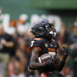 
              Oregon State wide receiver Silas Bolden scores a touchdown against Montana State during the first half of an NCAA college football game in Portland, Ore., Saturday, Sept. 17, 2022. (AP Photo/Craig Mitchelldyer)
            