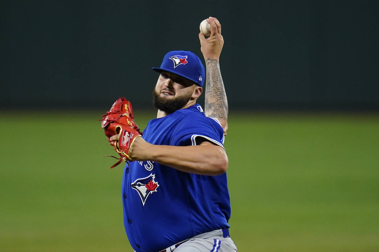 Toronto Blue Jays starting pitcher Alek Manoah throws a pitch to the Baltimore Orioles during the s...