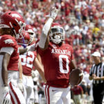 
              Arkansas running back AJ Green (0) celebrates after scoring a touchdown against South Carolina during the second half of an NCAA college football game Saturday, Sept. 10, 2022, in Fayetteville, Ark. (AP Photo/Michael Woods)
            