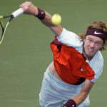 
              Andrey Rublev, of Russia, serves to Cameron Norrie, of Great Britain, during the fourth round of the U.S. Open tennis championships, Monday, Sept. 5, 2022, in New York. (AP Photo/Eduardo Munoz Alvarez)
            