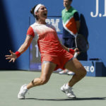 
              Ons Jabeur, of Tunisia, reacts after defeating Shelby Rogers, of the United States, during the third round of the U.S. Open tennis championships, Friday, Sept. 2, 2022, in New York. (AP Photo/Jason DeCrow)
            
