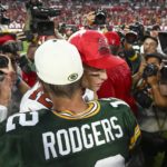 
              Green Bay Packers' Aaron Rodgers hugs Tampa Bay Buccaneers' Tom Brady after an NFL football game Sunday, Sept. 25, 2022, in Tampa, Fla. The Packers won 14-12. (AP Photo/Jason Behnken)
            