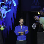 
              Team Europe's Roger Federer of Switzerland, gestures on the second day of the Laver Cup tennis tournament at the O2 in London, Saturday, Sept. 24, 2022. (AP Photo/Kin Cheung)
            