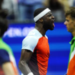 
              Frances Tiafoe, of the United States, reacts after winning a game against Carlos Alcaraz, of Spain, during the semifinals of the U.S. Open tennis championships, Friday, Sept. 9, 2022, in New York. (AP Photo/Matt Rourke)
            