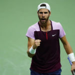 
              Karen Khachanov, of Russia, reacts as he wins a point against Nick Kyrgios, of Australia, during the quarterfinals of the U.S. Open tennis championships, Tuesday, Sept. 6, 2022, in New York. (AP Photo/Frank Franklin II)
            