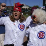 
              Actress Megan Cavanagh ,left, who played Marla Hooch in the movie  "A League Of Their Own", stands with Maybelle Blair, an original member of the All-American Girls Professional Baseball League, during a 30th anniversary ceremony of the film shot a Wrigley Field, before a baseball game between the Chicago Cubs and the Philadelphia Phillies Thursday, Sept. 29, 2022, in Chicago. (AP Photo/Charles Rex Arbogast)
            