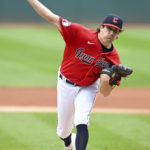 
              Cleveland Guardians starting pitcher Cal Quantrill pitches during the first inning of a baseball game against the Minnesota Twins, Monday, Sept. 19, 2022, in Cleveland. (AP Photo/Nick Cammett)
            