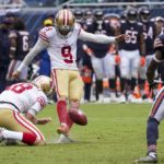 
              San Francisco 49ers' Robbie Gould kicks a fieldgoal during the second half of an NFL football game against the Chicago Bears Sunday, Sept. 11, 2022, in Chicago. (AP Photo/Charles Rex Arbogast)
            