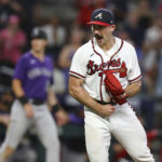 
              Atlanta Braves starting pitcher Spencer Strider reacts to strikeout No. 16, breaking the team's franchise record for strikeouts in a single baseball game Thursday, Sept. 1, 2022, in Atlanta. (Curtis Compton/Atlanta Journal-Constitution via AP)
            
