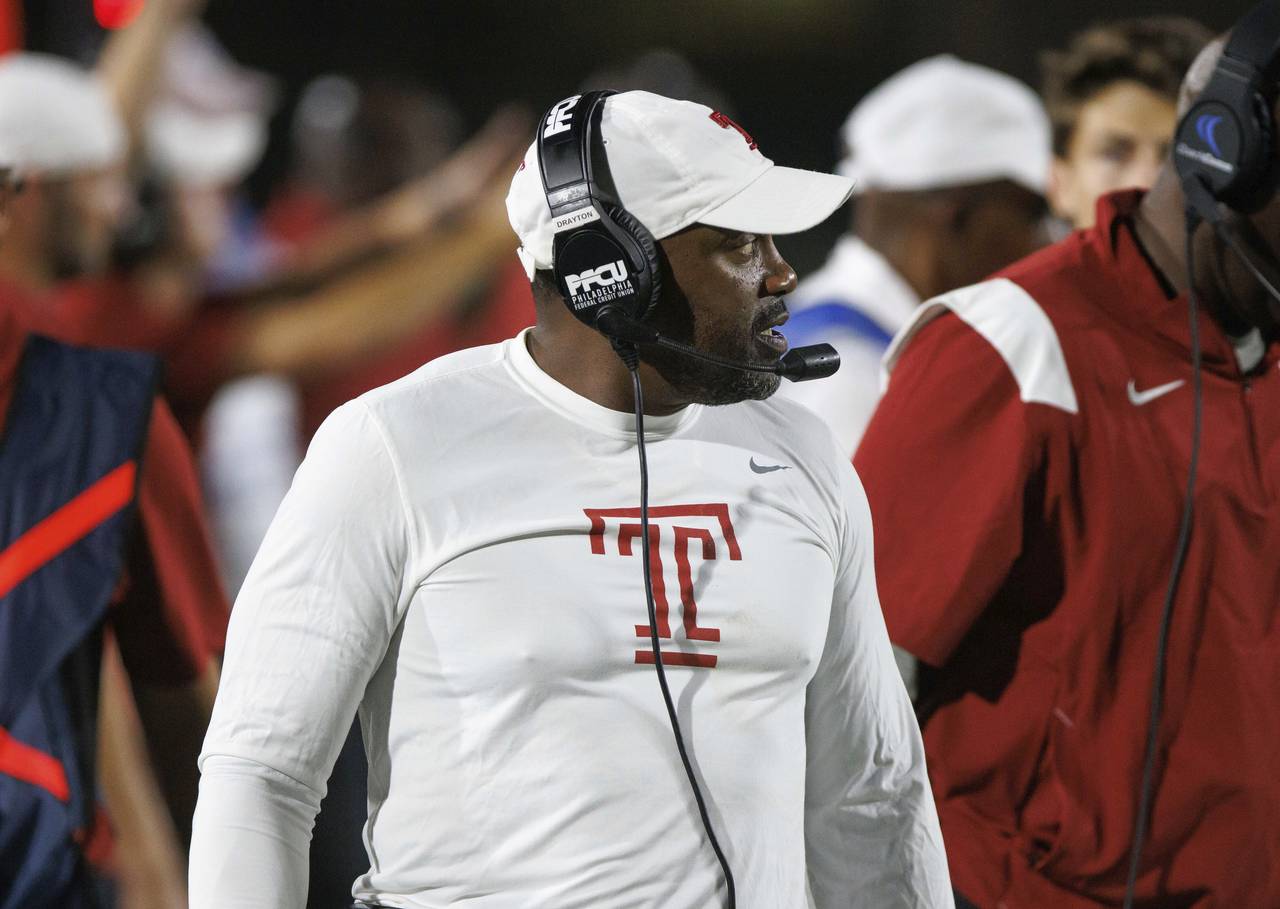 Temple head coach Stan Drayton looks toward the field during the first half of an NCAA college foot...
