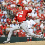 
              Cincinnati Reds starting pitcher Mike Minor throws during the first inning in the first baseball game of a doubleheader against the St. Louis Cardinals, Saturday, Sept. 17, 2022, in St. Louis. (AP Photo/Scott Kane)
            