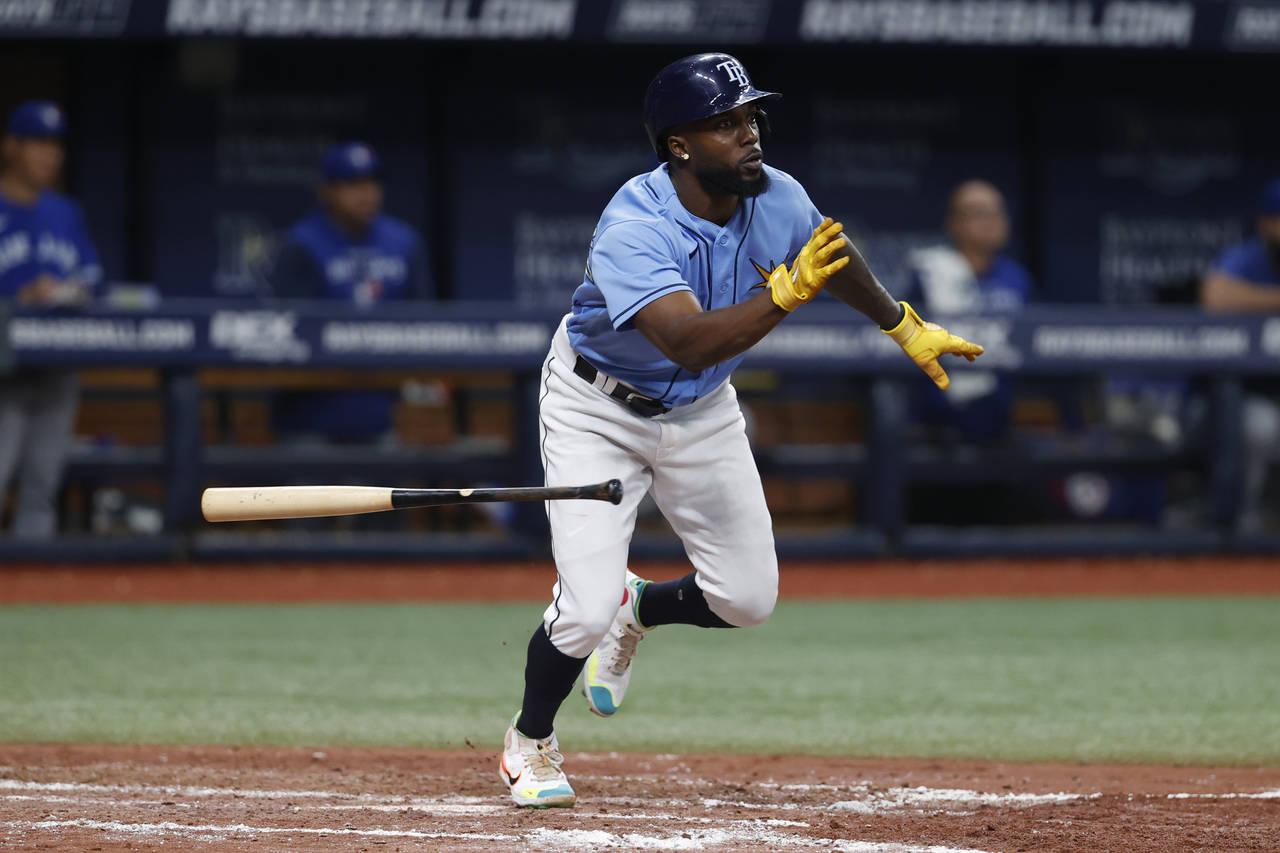 Tampa Bay Rays' Randy Arozarena watches his three-run home run against the Toronto Blue Jays during...
