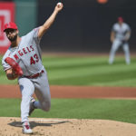 
              Los Angeles Angels starting pitcher Patrick Sandoval delivers during the first inning of a baseball game against the Cleveland Guardians, Wednesday, Sept. 14, 2022, in Cleveland. (AP Photo/David Dermer)
            