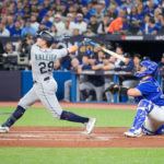 TORONTO, ON - OCTOBER 07: Cal Raleigh #29 of the Seattle Mariners hits a two run home run against the Toronto Blue Jays during the first inning in Game One of their AL Wild Card series at Rogers Centre on October 7, 2022 in Toronto, Ontario, Canada.  (Photo by Mark Blinch/Getty Images)