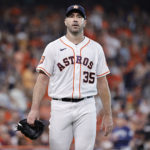 HOUSTON, TEXAS - OCTOBER 11: Justin Verlander #35 of the Houston Astros reacts against the Seattle Mariners d1i in game one of the American League Division Series at Minute Maid Park on October 11, 2022 in Houston, Texas. (Photo by Bob Levey/Getty Images)