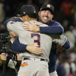 
              Houston Astros shortstop Jeremy Pena (3) celebrates with pitcher Justin Verlander after the Astros beat the New York Yankees 6-5 to win Game 4 and the American League Championship baseball series, Monday, Oct. 24, 2022, in New York. (AP Photo/Seth Wenig)
            