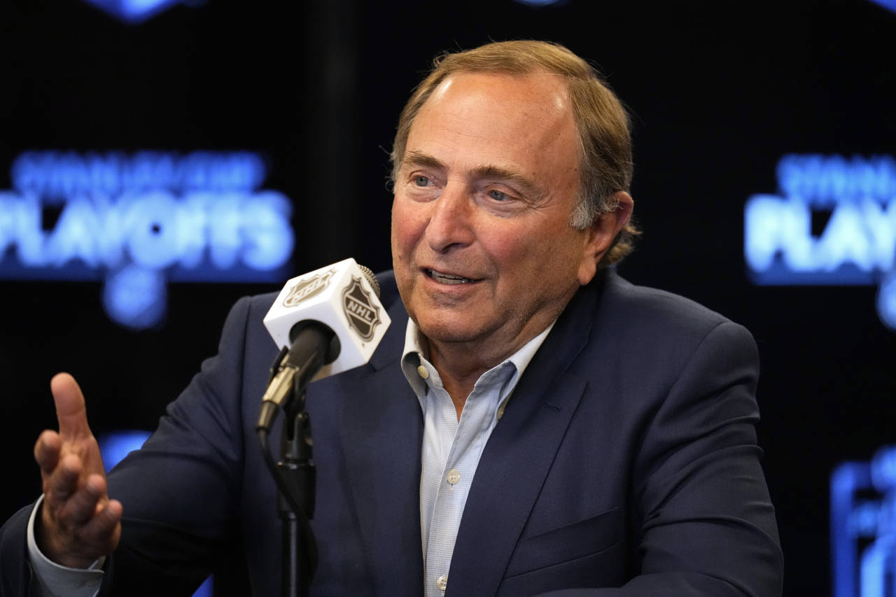 FILE - NHL Commissioner Gary Bettman talks during a news conference before Game 1 of an NHL hockey ...