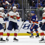 
              Florida Panthers center Eetu Luostarinen (27) reacts after scoring a goal against the New York Islanders during the second period of an NHL hockey game Thursday, Oct. 13, 2022, in Elmont, N.Y. (AP Photo/Adam Hunger)
            