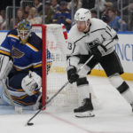 
              Los Angeles Kings' Gabriel Vilardi (13) controls the puck as St. Louis Blues goaltender Thomas Greiss defends during the third period of an NHL hockey game Monday, Oct. 31, 2022, in St. Louis. (AP Photo/Jeff Roberson)
            