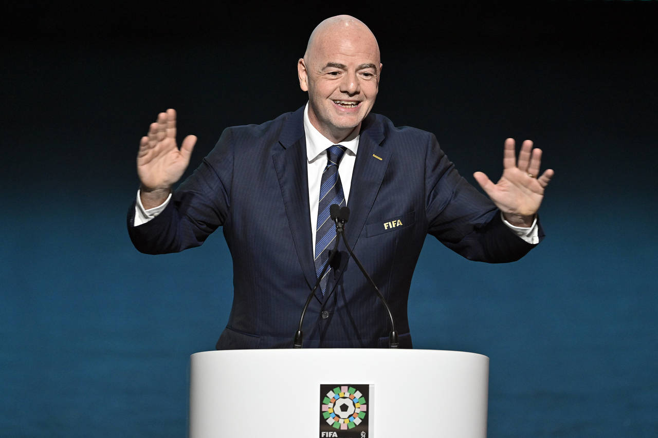 FIFA President Giovanni Infantino gestures as he speaks during the FIFA Women's World Cup 2023 draw...