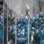 
              The San Jose Sharks celebrate after the winning score by defenseman Erik Karlsson during the overtime period of an NHL hockey game against the Toronto Maple Leafs in San Jose, Calif., Thursday, Oct. 27, 2022. (AP Photo/Godofredo A. Vásquez)
            