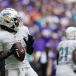 
              Miami Dolphins quarterback Teddy Bridgewater (5) looks to pass during the second half of an NFL football game against the Minnesota Vikings, Sunday, Oct. 16, 2022, in Miami Gardens, Fla. (AP Photo/Wilfredo Lee)
            