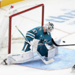 
              San Jose Sharks goaltender James Reimer (47) defects a shot by Carolina Hurricanes right wing Andrei Svechnikov, right, during the third period of an NHL hockey game in San Jose, Calif., Friday, Oct. 14, 2022. (AP Photo/Godofredo A. Vásquez)
            